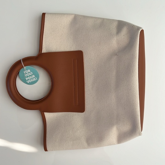 Canvas Tote Bag, Vegan light brown/tan leather ring handles with square trim - Picture 1 of 7